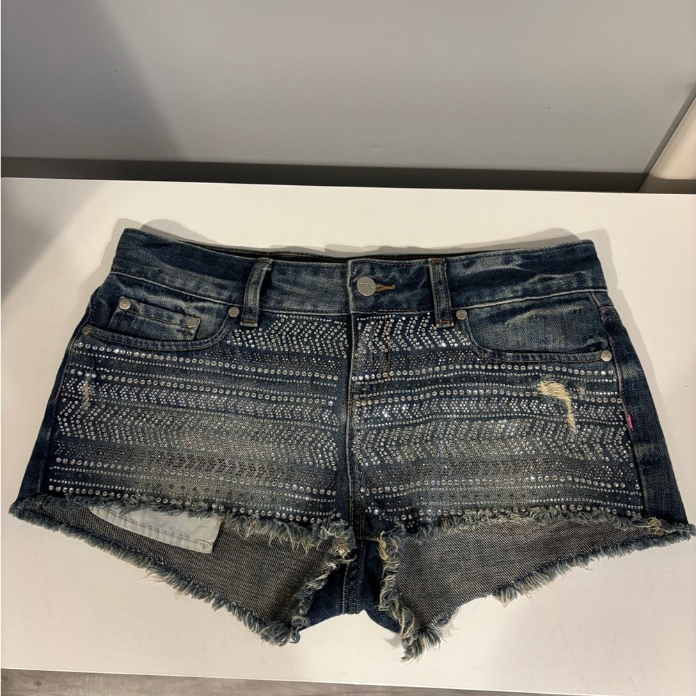 Victoria's Secret PINK Blue Jean Shorty Shorts with Studded Design.